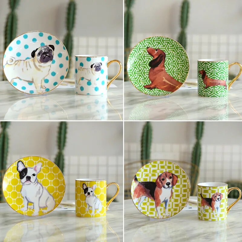 Adorable Dog Couple Ceramic Coffee Cup and Saucer Set