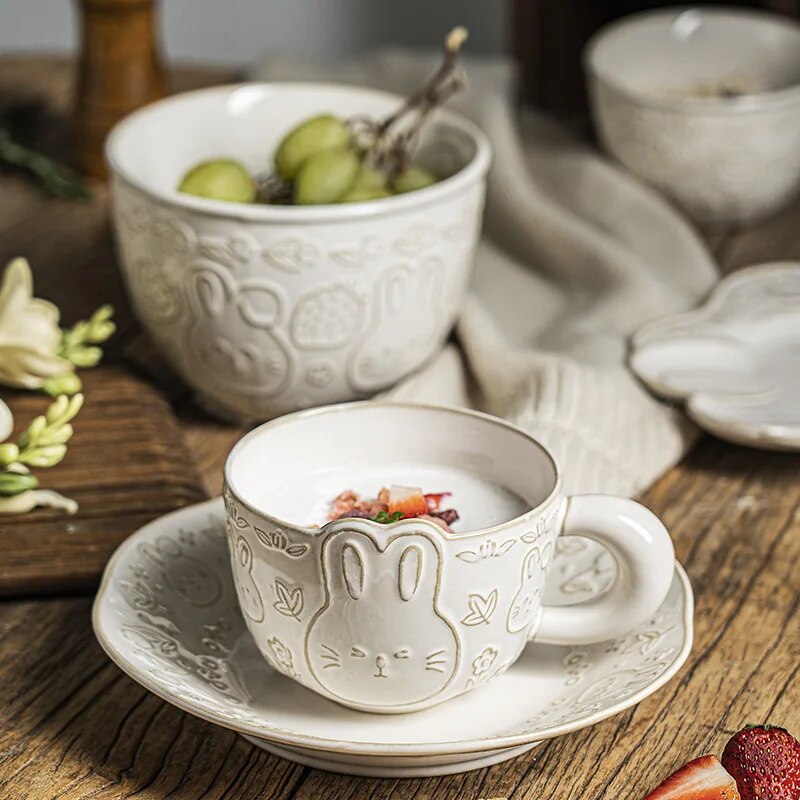 Adorable Cartoon Ceramic Tableware Set - White Glazed Delights