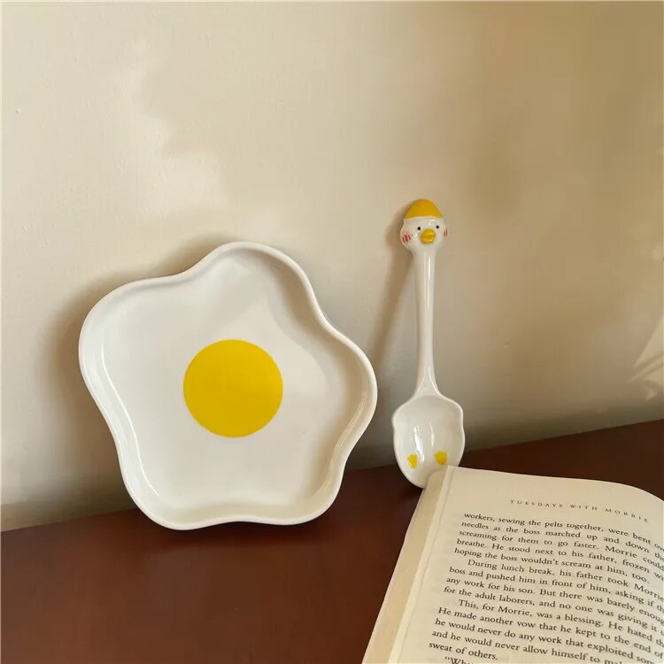 Poached Egg Ceramic Plate and Spoon