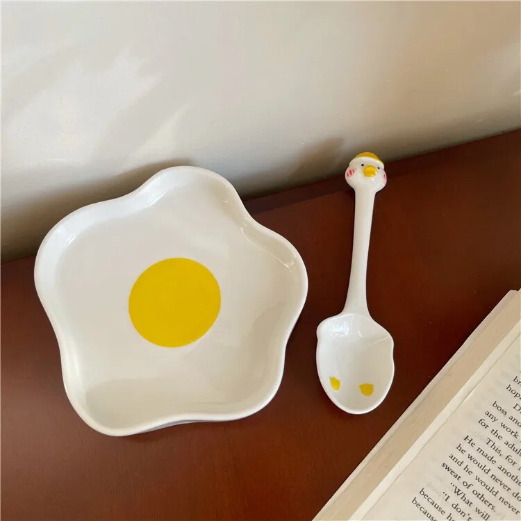 Poached Egg Ceramic Plate and Spoon