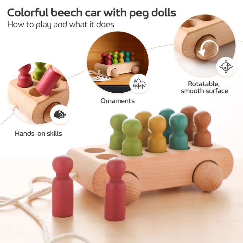 Colorful Wooden Drawstring Trolley Toy - Beech Car