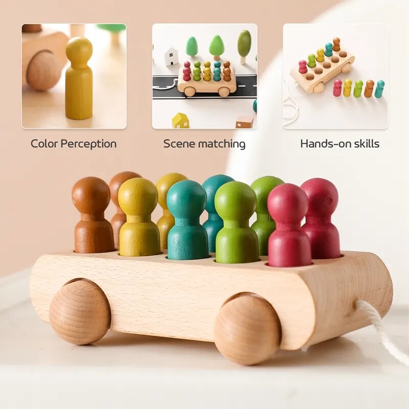 Colorful Wooden Drawstring Trolley Toy - Beech Car