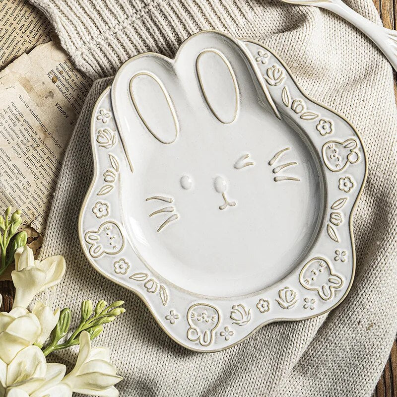 Adorable Cartoon Ceramic Tableware Set - White Glazed Delights